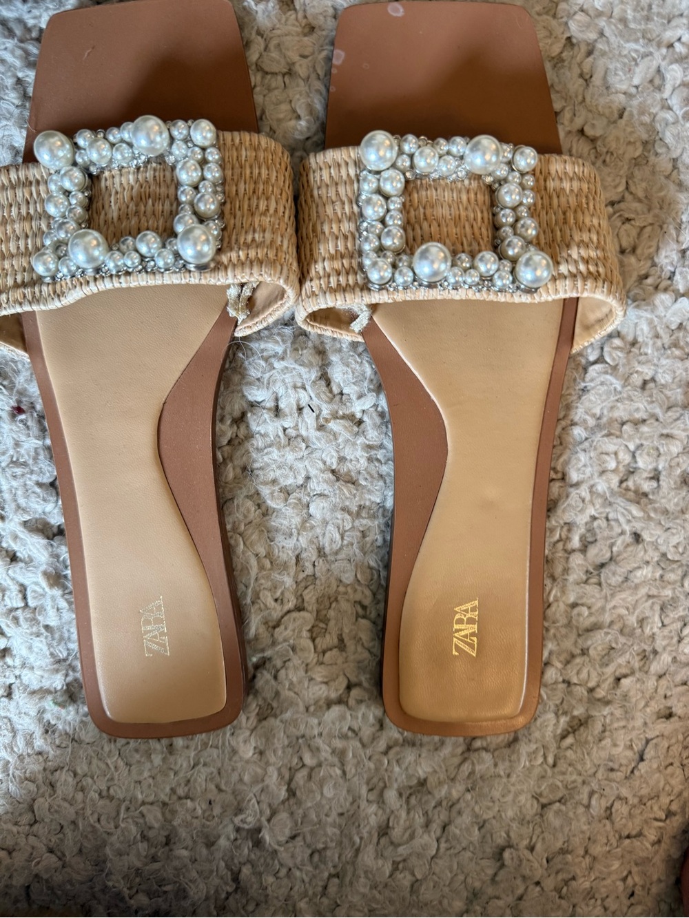 ZARA Beige Woven Slide Sandals with Pearl Buckle